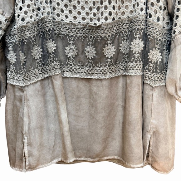 John Mark Boho Lace Crochet Tunic Top Mineral Wash Artsy Taupe Womens Large - Picture 4 of 9